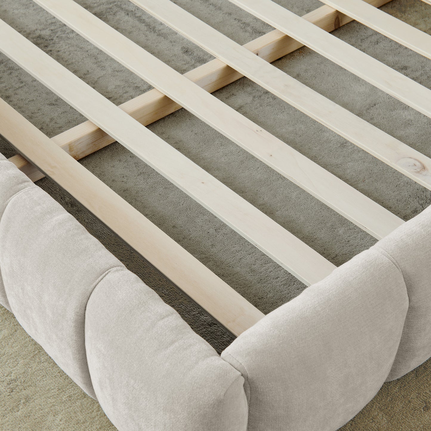 King size Upholstered Bed Frame with Thick Fabric, Chenille Fabric Grounded King Size Platform Bed with Headboard and Solid Frame. No Box Spring Needed-Beige(88.5''*85.5''*24'') image 5