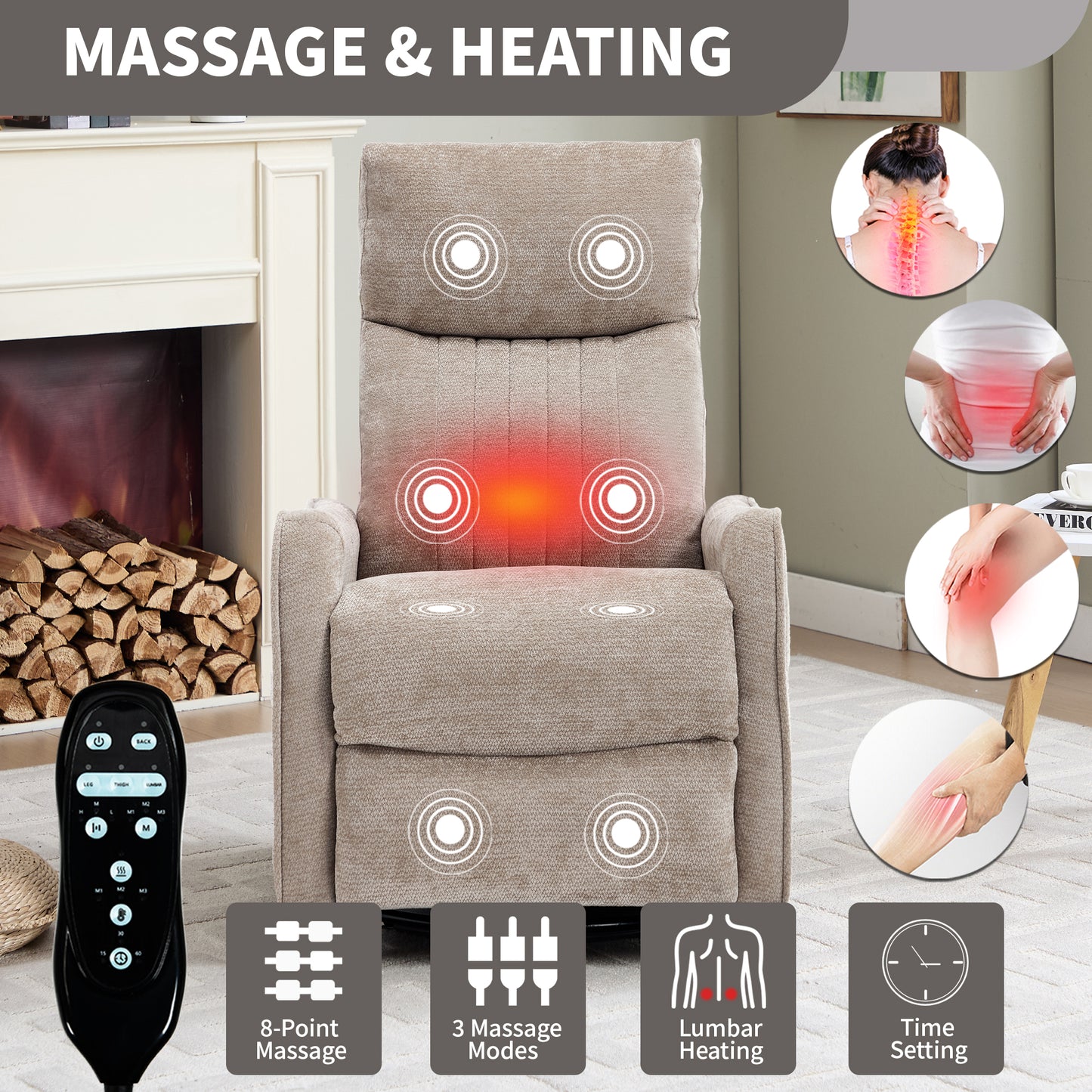 Khaki Heat Massage Manual Recliner Chair with Rocker and Swivel in Fabric for Living Room image 9