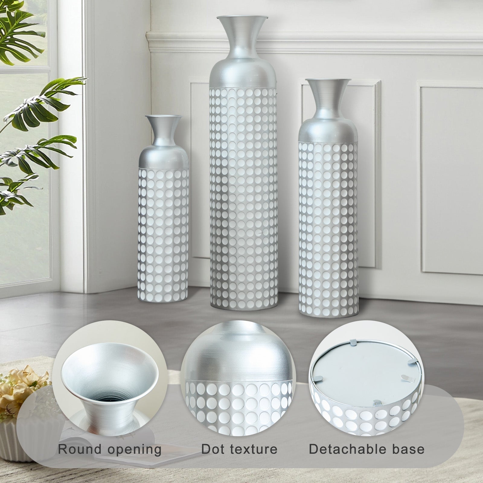 3 Pack Silver Metal Vase Set, Nested Semi-Handcrafted Embossed Vases, Modern Decorative Centerpieces for Home, Floor, Living Room, Fireplace, Not Waterproof image 7