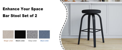 Swivel Bar Stools Set of 2, Bar Height Backless 30″ Bar Stool, Fabric Upholstered Seat, Sturdy Wood Legs and Metal Footrest, Mid-Century Modern Island Stools for Home Bars, Restaurants, All-black image 9
