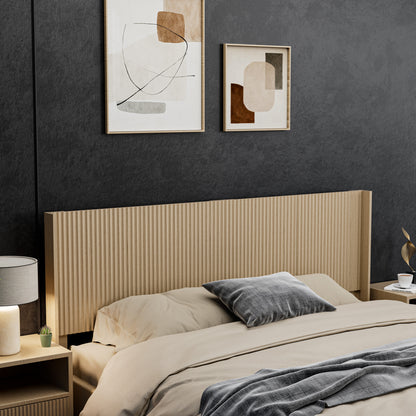 Modern Farmhouse Wood Headboard King Size 80.2 in Wide Wall Mounted Fluted Panel Wingback - Natural oak image 1
