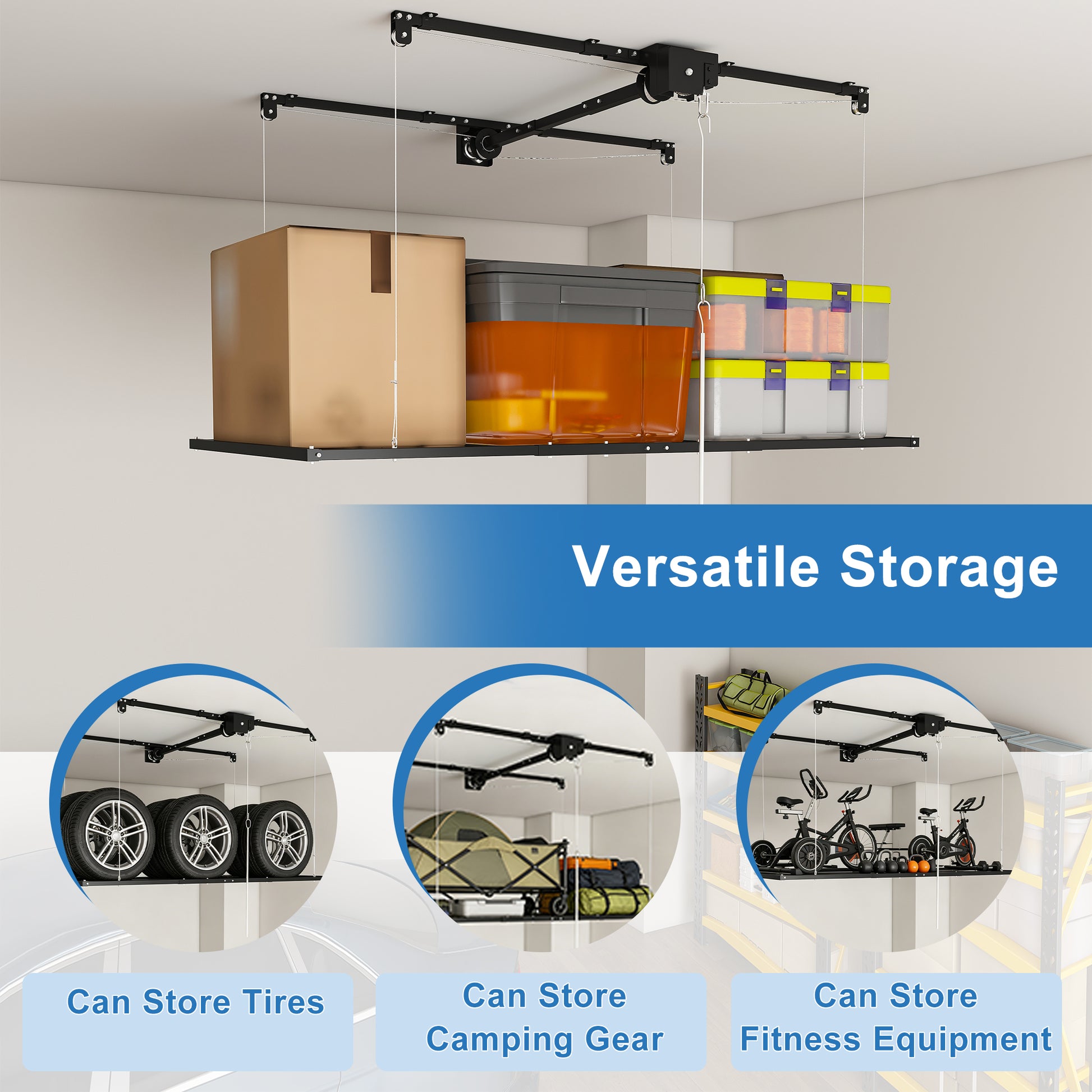 Black Overhead Garage Storage Rack 3x6 FT for High Ceilings 10-12 FT, 370LBS Capacity All-Steel Construction with Safety Lock (Installation Required, Heavy-Duty Garage Organizer) RR image 4