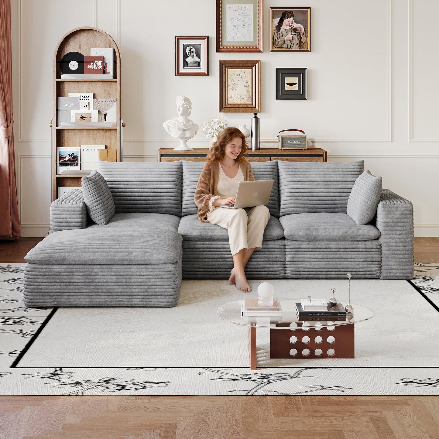 102" Cloud Sofa,Corduroy Fabric,Deep Seat Couches,Double-layer design,Removable Cushion,No Assembly, DIY Combination for Living room, Bedroom,Conference room,Apartment,Grey image 1
