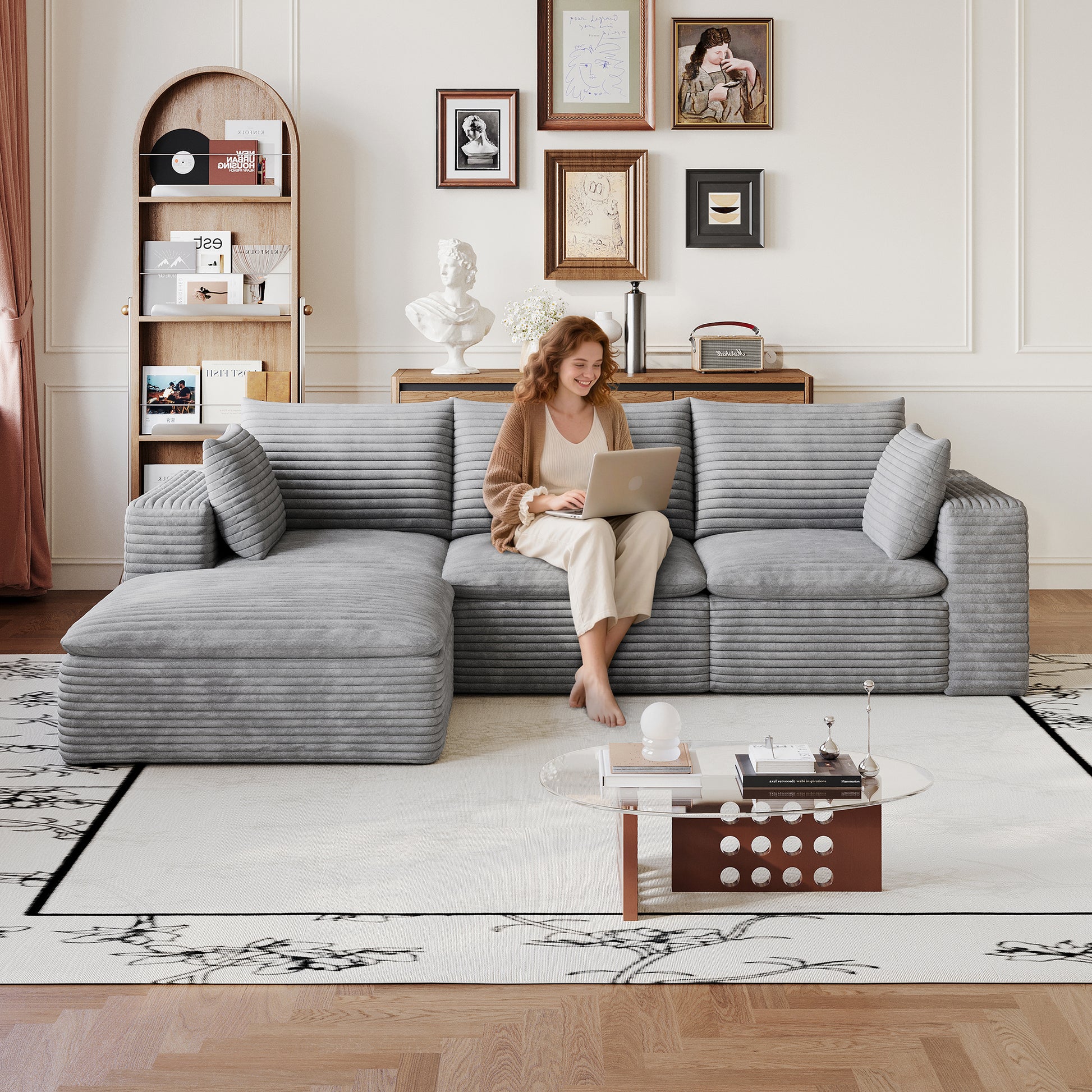 102" Cloud Sofa,Corduroy Fabric,Deep Seat Couches,Double-layer design,Removable Cushion,No Assembly, DIY Combination for Living room, Bedroom,Conference room,Apartment,Grey image 1