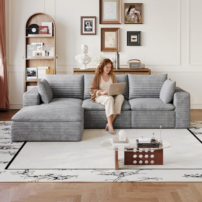 102" Cloud Sofa,Corduroy Fabric,Deep Seat Couches,Double-layer design,Removable Cushion,No Assembly, DIY Combination for Living room, Bedroom,Conference room,Apartment,Grey image 1