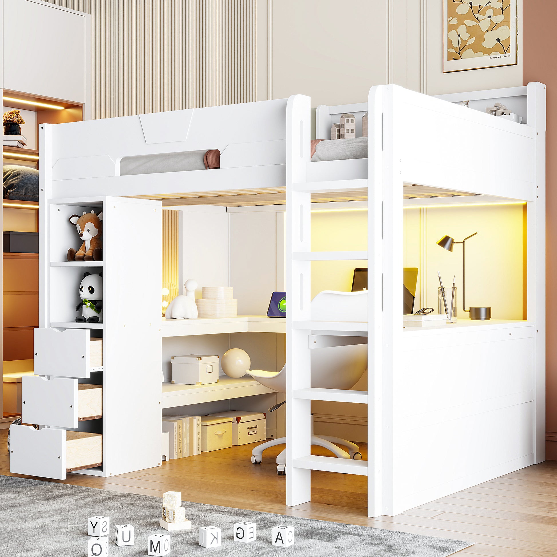 Full Size Wooden Gaming Loft Bed with U-Shaped Desk, Smart RGB LED Lights and USB Ports, Multi-Functional High Sleeper with 3 Drawers and Storage Shelves for Teens Adults, White image 1