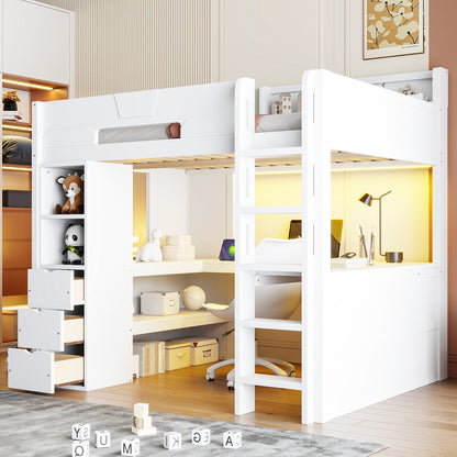 Full Size Wooden Gaming Loft Bed with U-Shaped Desk, Smart RGB LED Lights and USB Ports, Multi-Functional High Sleeper with 3 Drawers and Storage Shelves for Teens Adults, White image 1