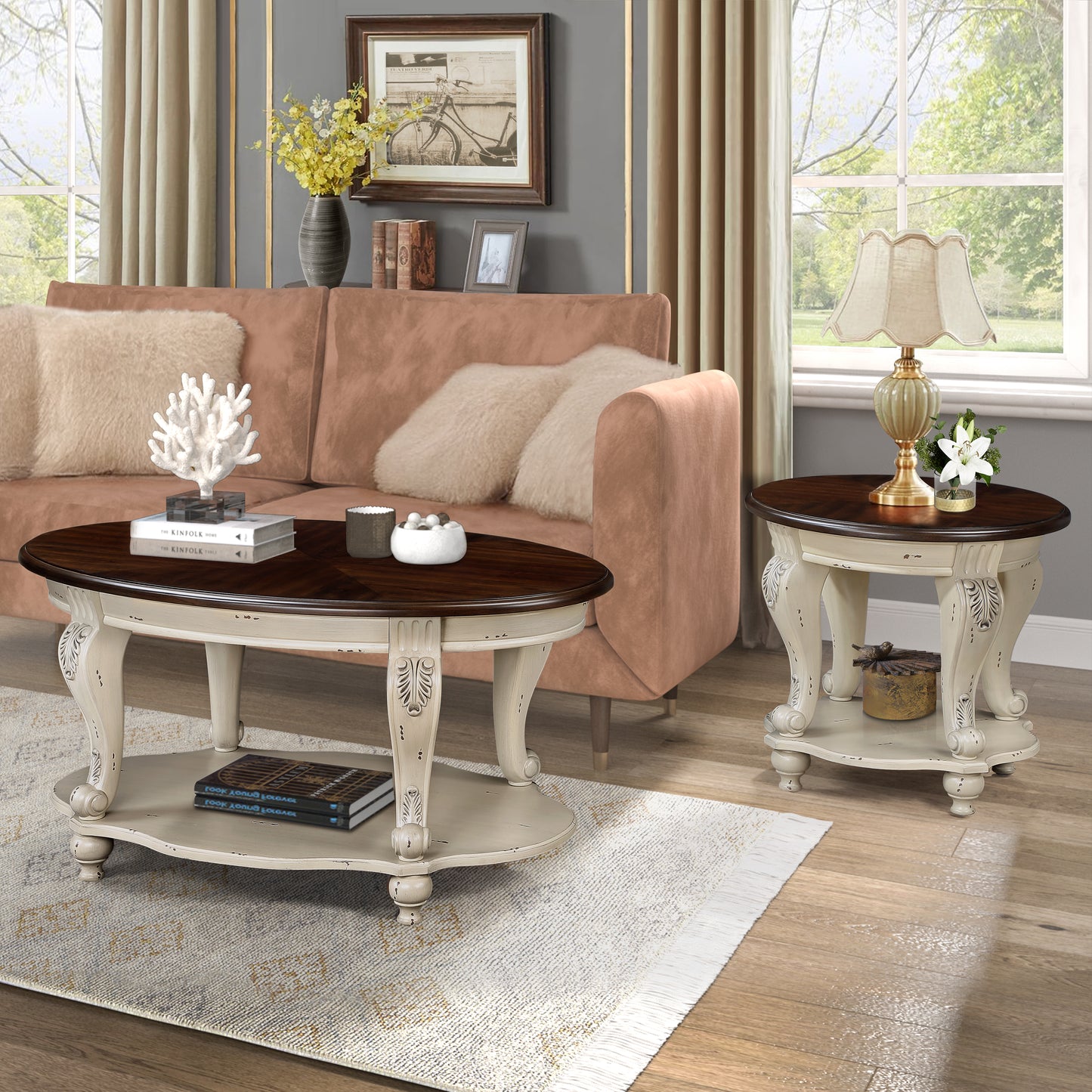 22'' Two Tone Round End Table,Solid Wood Sofa Side Table with Shelf,Living Room Corner Table Easy Assemble,Beige and Espresso Top image 6