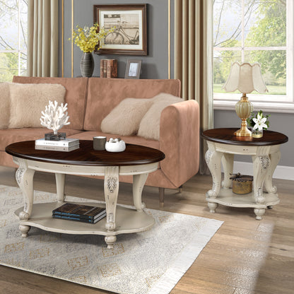 22'' Two Tone Round End Table,Solid Wood Sofa Side Table with Shelf,Living Room Corner Table Easy Assemble,Beige and Espresso Top image 6