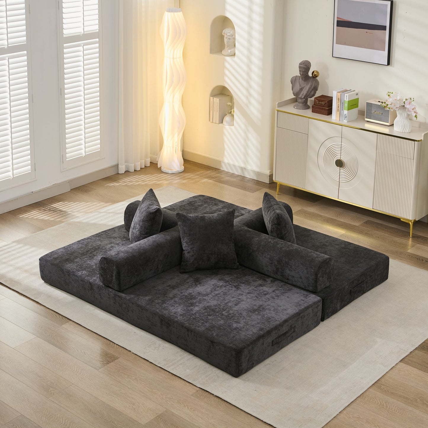 Comfy Convertible Folding Mattress Couch, Floor Sofa Bed, Chenille Floor Sofa with Armrest, Floor Sofa Lounge Couch for Living Room Bedroom Lounge Studio-Black image 6