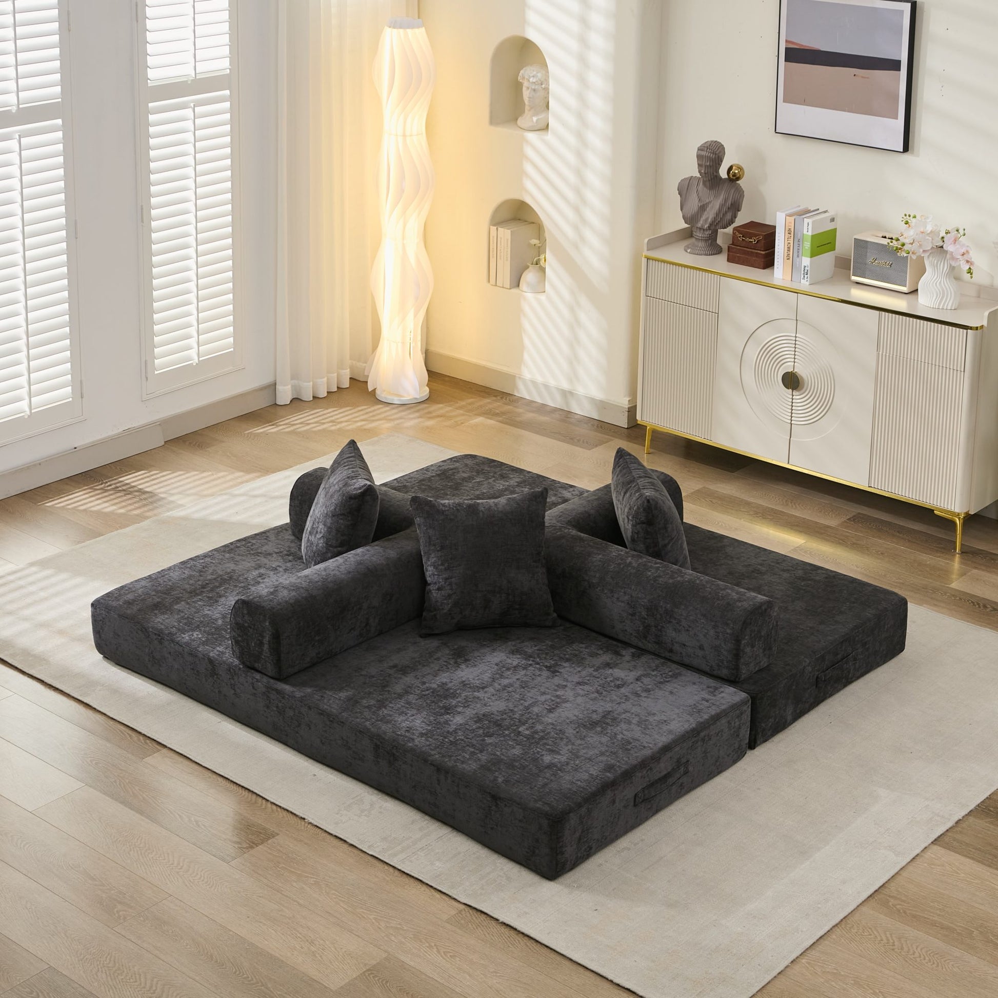 Comfy Convertible Folding Mattress Couch, Floor Sofa Bed, Chenille Floor Sofa with Armrest, Floor Sofa Lounge Couch for Living Room Bedroom Lounge Studio-Black image 6
