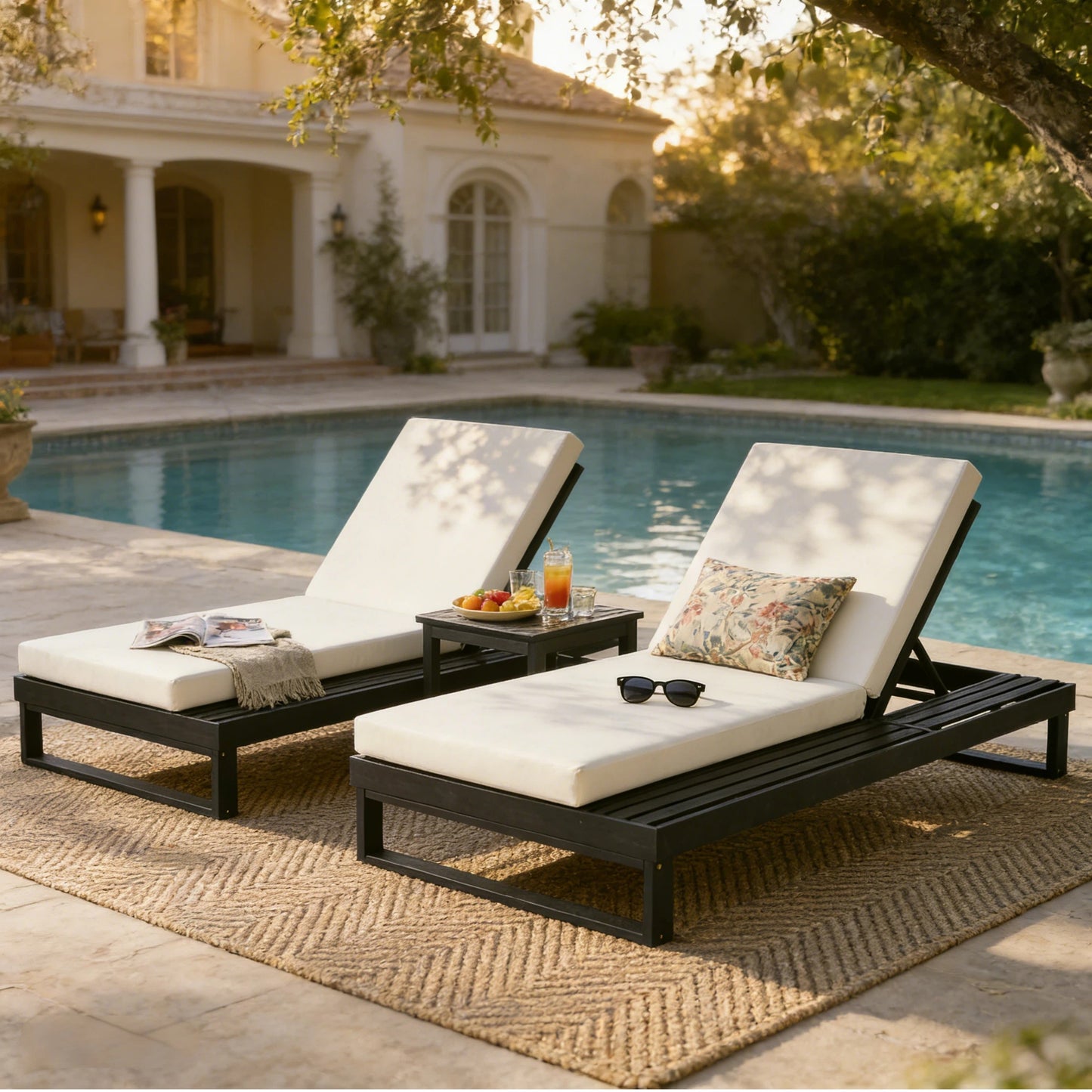 Black Acacia Wood Chaise Lounge with 4-Inch Cream 2-FoldCushion Set, 4-Position Adjustable Outdoor Patio Lounger with Flat Side Surface, for Poolside- Matching dark grey version available image 8