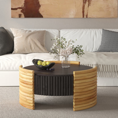 31.50" Modern Colorblocked Striped Coffee Table with Flip Top Storage Coffee Table - Natural Wood Finish for Living Room, Apartment, Office, Easy to Assemble, Dark Brown Tabletop + Wooden Color image 3