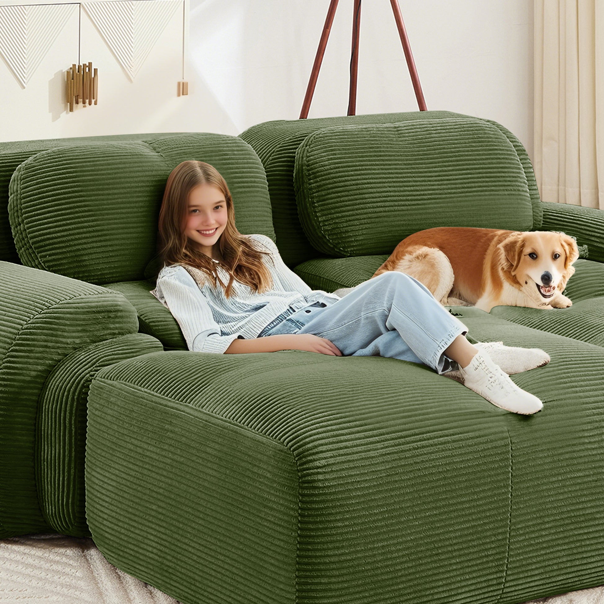 82'' L-shaped sofa in softCorduroy Fabric fabric modular design multiple combinations curved armrests assembly required high-resilience sponge suitable for living rooms rest areas bedroom,Olive green image 8