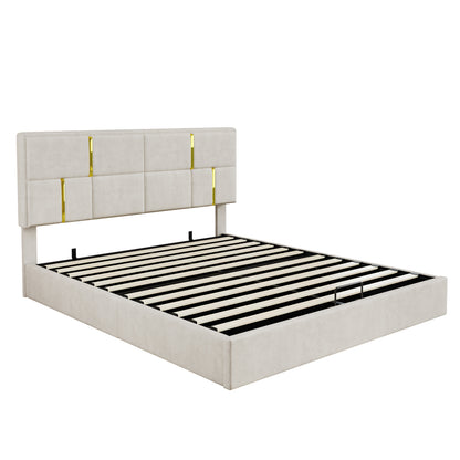 Queen Size Upholstered Platform Bed with Hydraulic Storage System,No Box Spring Needed,Beige(Old SKU: N733P207778A) image 4