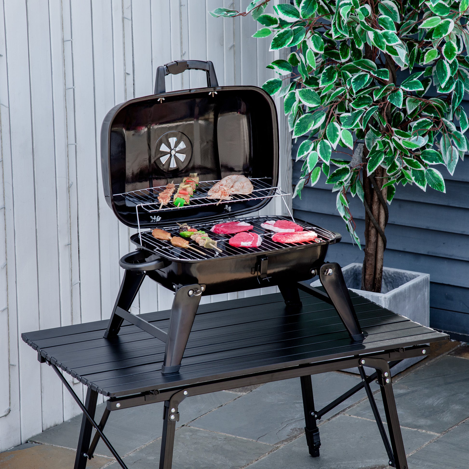 Outsunny 14" Portable Charcoal Grill, Tabletop Small BBQ Grill for Outdoor Cooking, Camping, Tailgating, Enamel Coated, Vent, Folding Legs, Black image 2