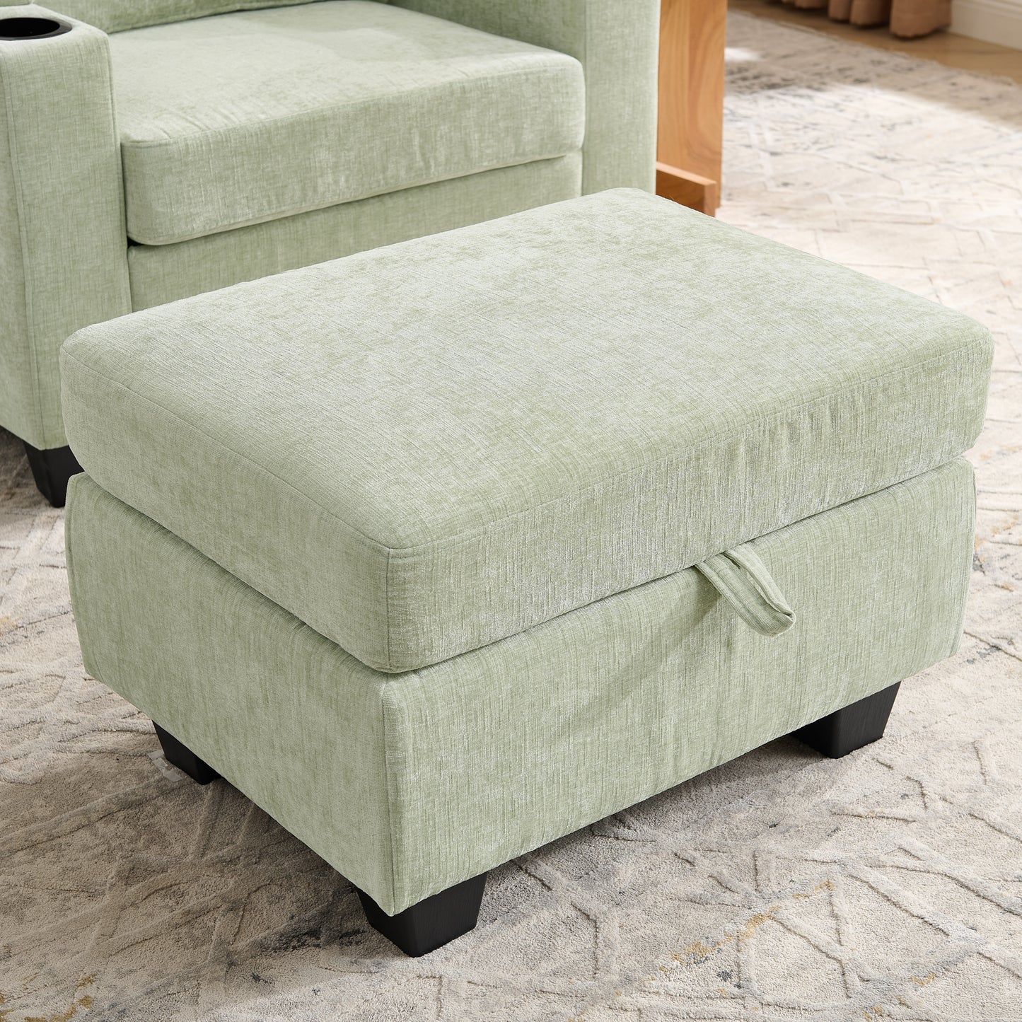 Single sofa recliner with manually adjustable backrest, USB charging port on the armrest side, phone stand included, hidden armrest storage, and a matching storage ottoman-Cyan image 11
