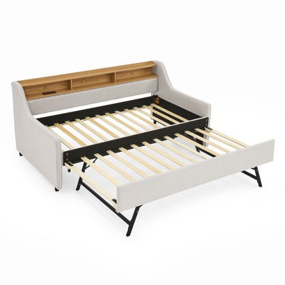 Twin Size Upholstery Sofa Bed with Three LED lights, with Storage Adjustable Headboard, with Foldable Leg Pull up Trundle Bed and Wireless Charging, Linen Padded Sofa Bed frame, Beige image 7