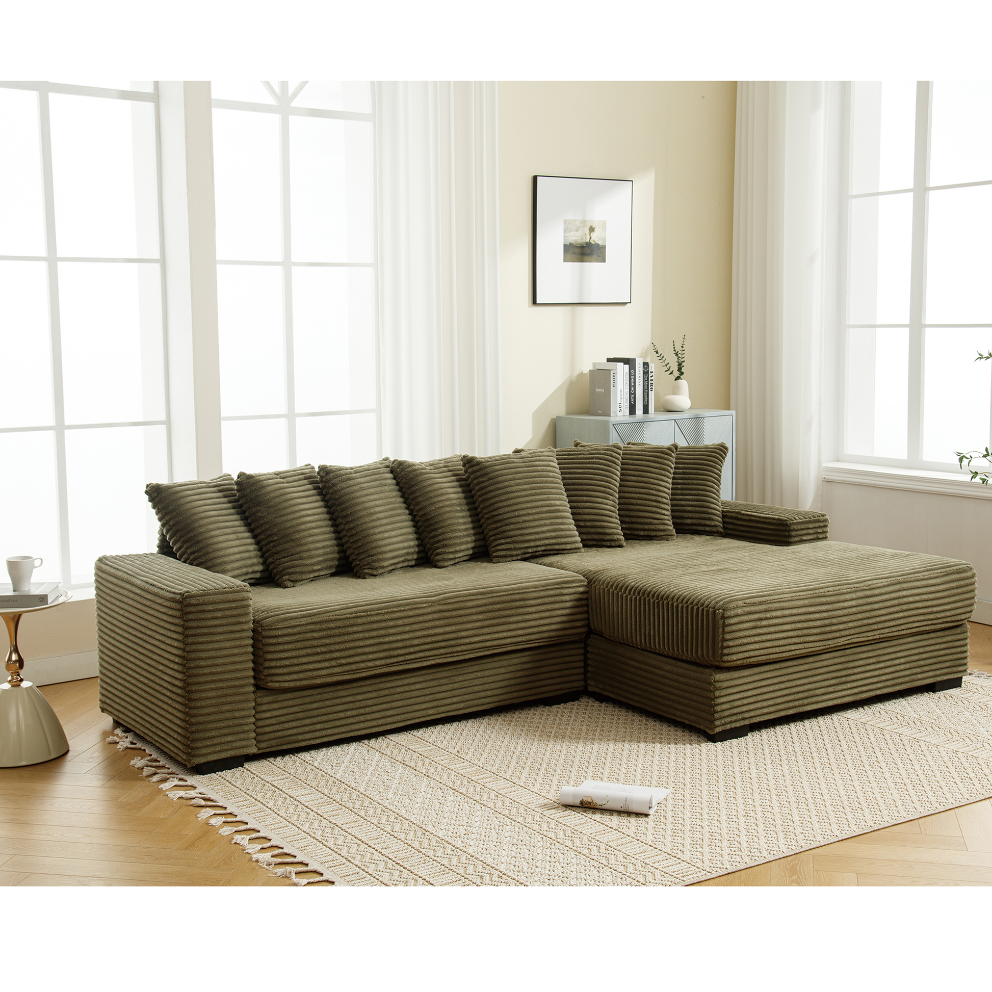 [NEW ARRIVED] [VIDEO PROVIDED] Oversized Two-Piece Couches, L Shaped Sofa, Corduroy, Right Chaise Daybed,with Armrests,Eight Throw Pillows,Corner Sofa,Easy To Assemble, Green image 3