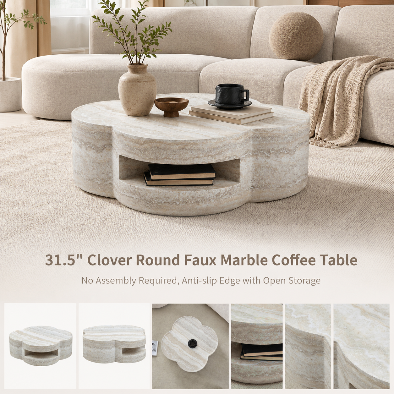 31.5" Clover Round Faux Marble Coffee Table – No Assembly Required, Anti-Slip Raised Edge, Open Storage Shelf, Scratch & Stain Resistant, Modern Minimalist Living Room Table image 2