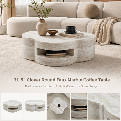 31.5" Clover Round Faux Marble Coffee Table – No Assembly Required, Anti-Slip Raised Edge, Open Storage Shelf, Scratch & Stain Resistant, Modern Minimalist Living Room Table image 2