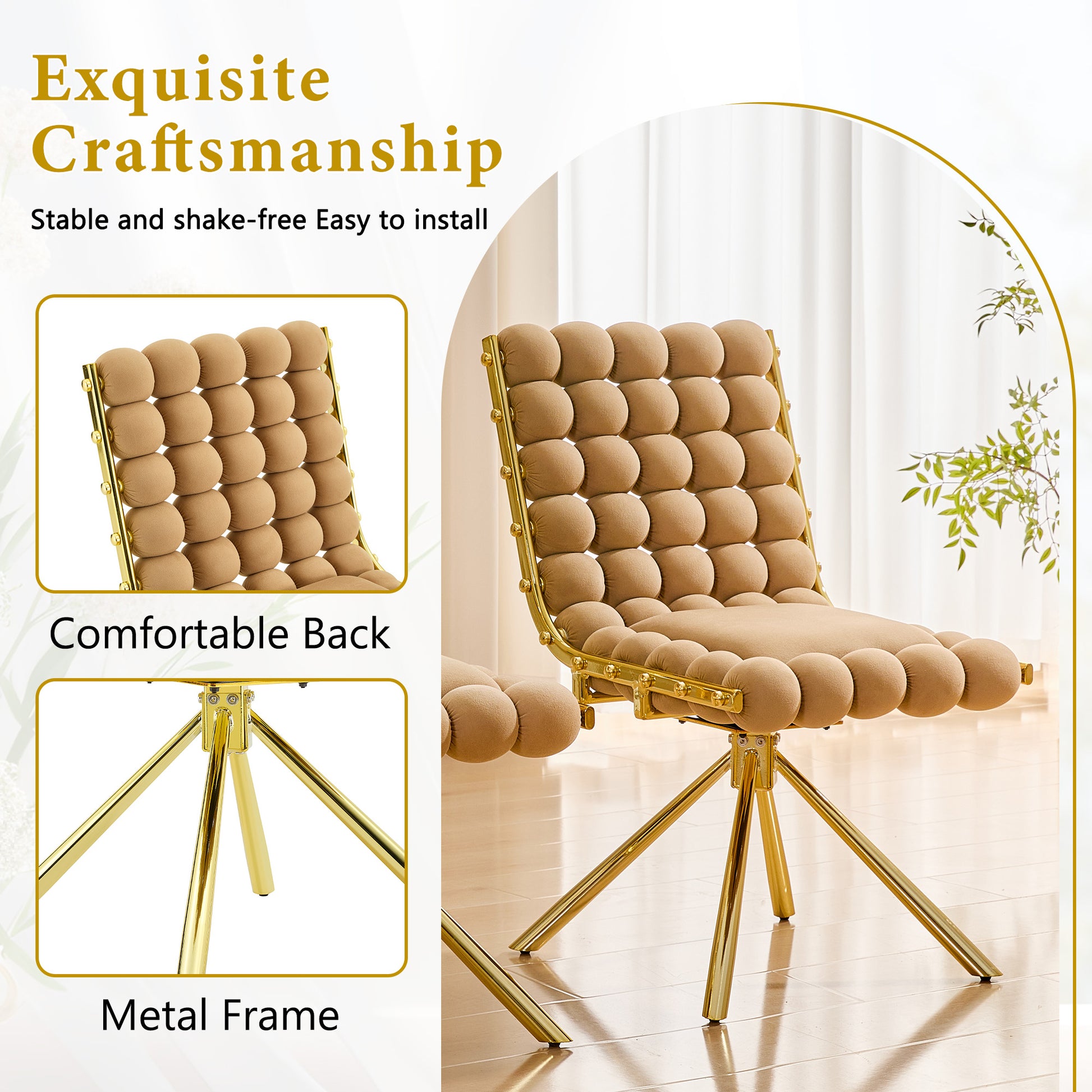 Set of 2 Tufted Ball Backrest Swivel Chair with Gold Metal Legs, Stylish Armless Chair for Home Office, Bedroom & Dining Area image 4