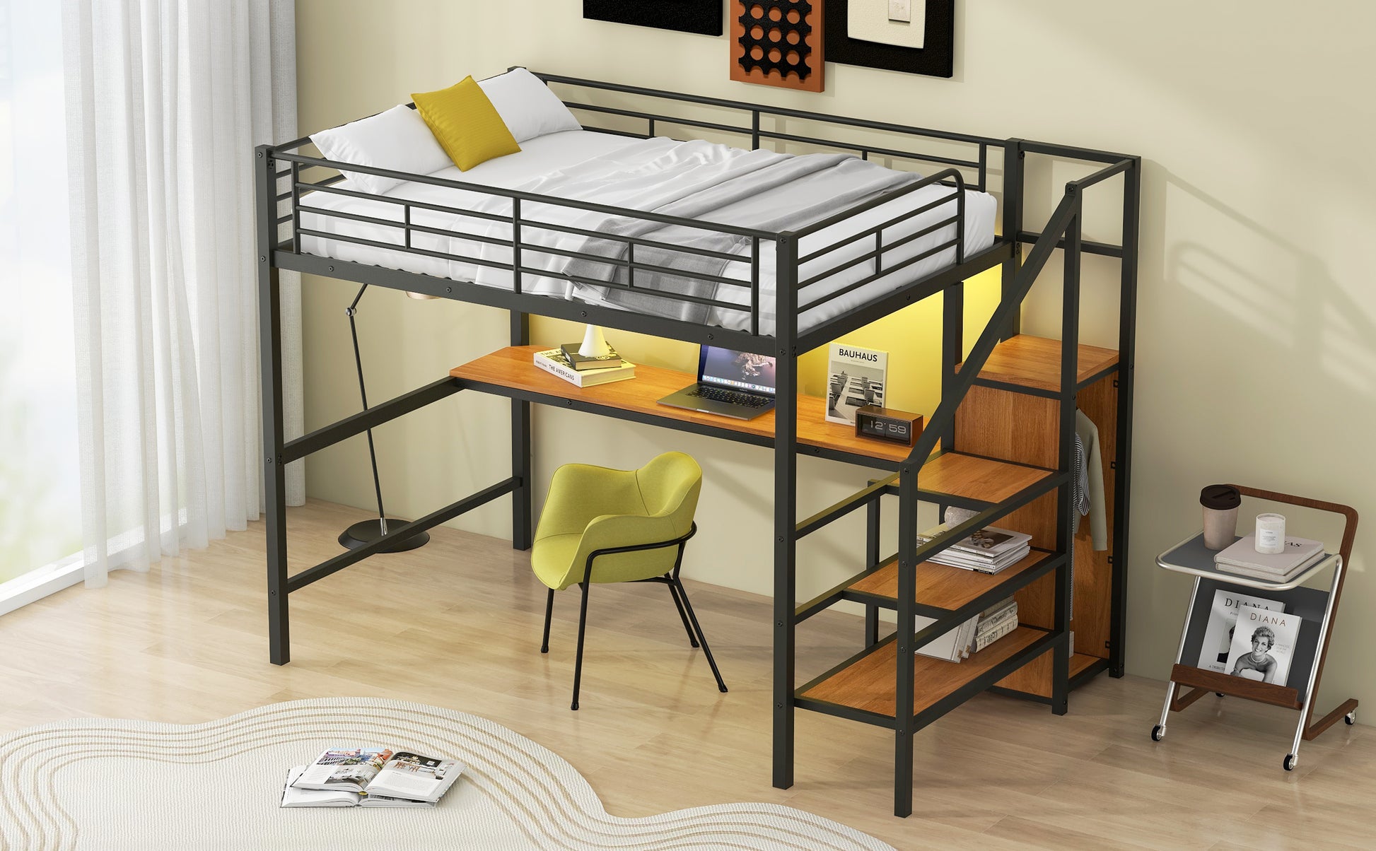 Full Size Metal Loft Bed with Desk, Storage Staircase, Small Wardrobe and LED Light,Black image 6