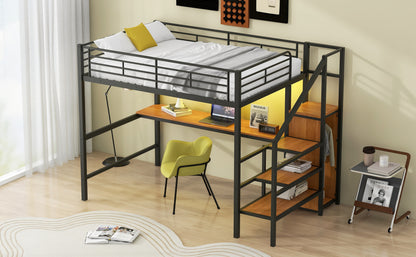Full Size Metal Loft Bed with Desk, Storage Staircase, Small Wardrobe and LED Light,Black image 6