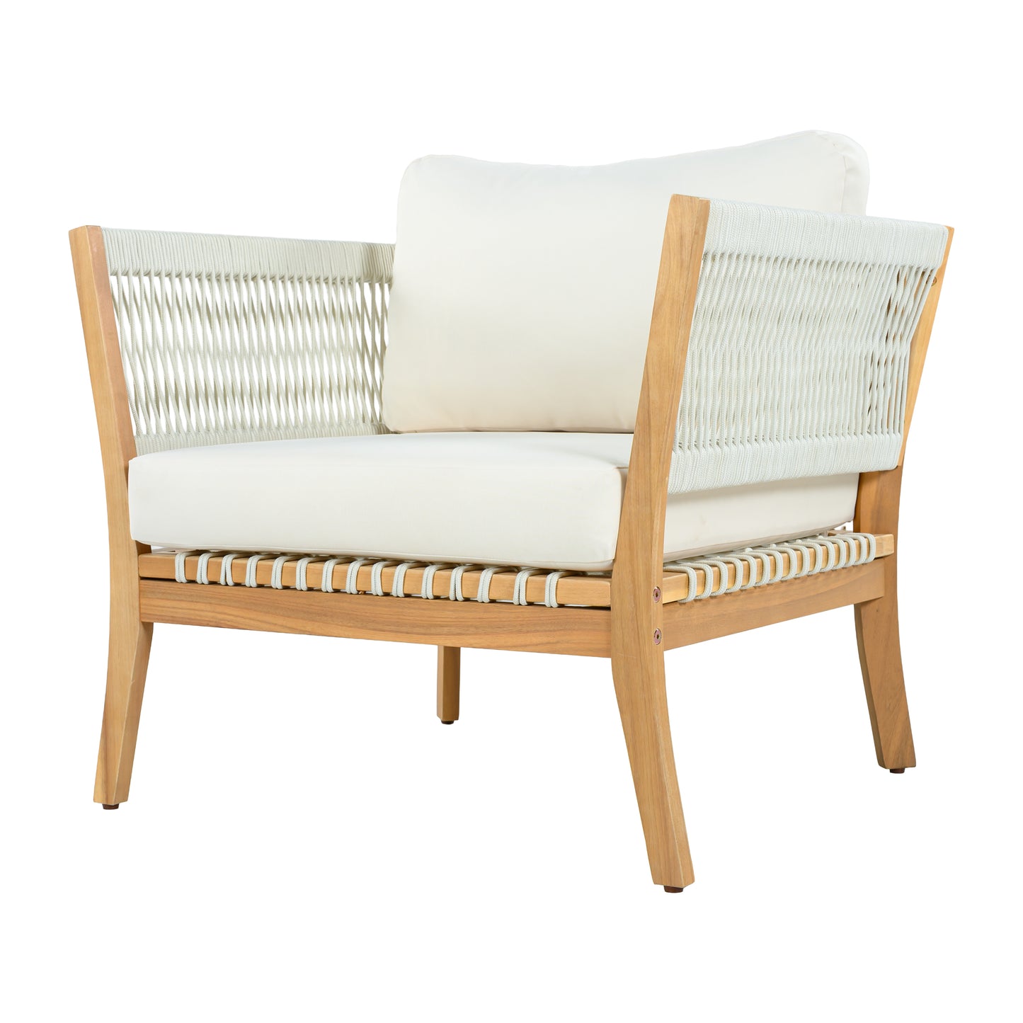 30.3" Outdoor Acacia Wood Patio Chair with Woven Rope Accents, Weather-Resistant Single Lounge Chair with Thick Cushions, Modern Accent Chair for Backyard, Deck, Poolside image 2