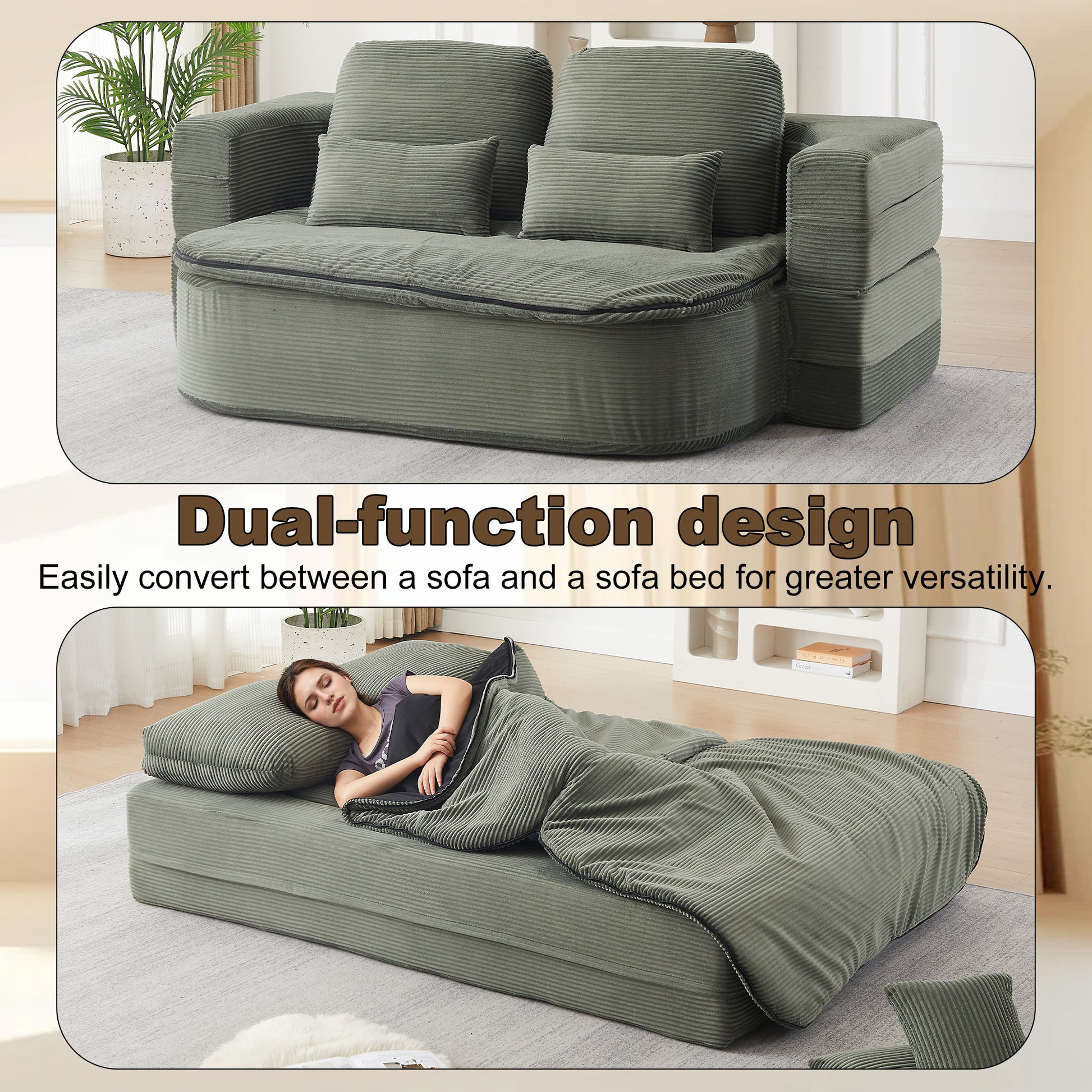 75''2-in-1 Foldable Sofa,Convertible Sleeper Foam Sofa Bed with Multi Functional Blanket, Corduroy Floor folding sofa bed, Floor Sofa Lounge Sofa for Living Room Bedroom Lounge Studio image 5