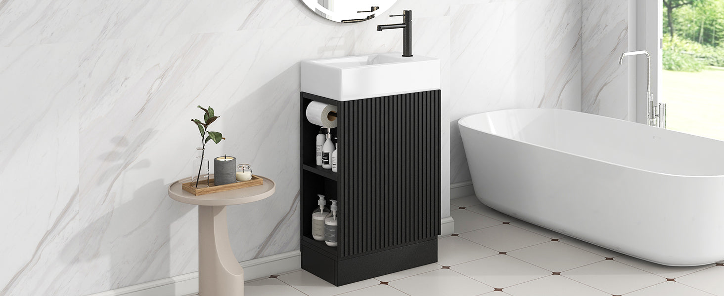 18.6" Bathroom Vanity with Sink, Bathroom Vanity Cabinet with Two-tier Shelf, Left or Right Orientation, Black (WF308491 New Color) image 2
