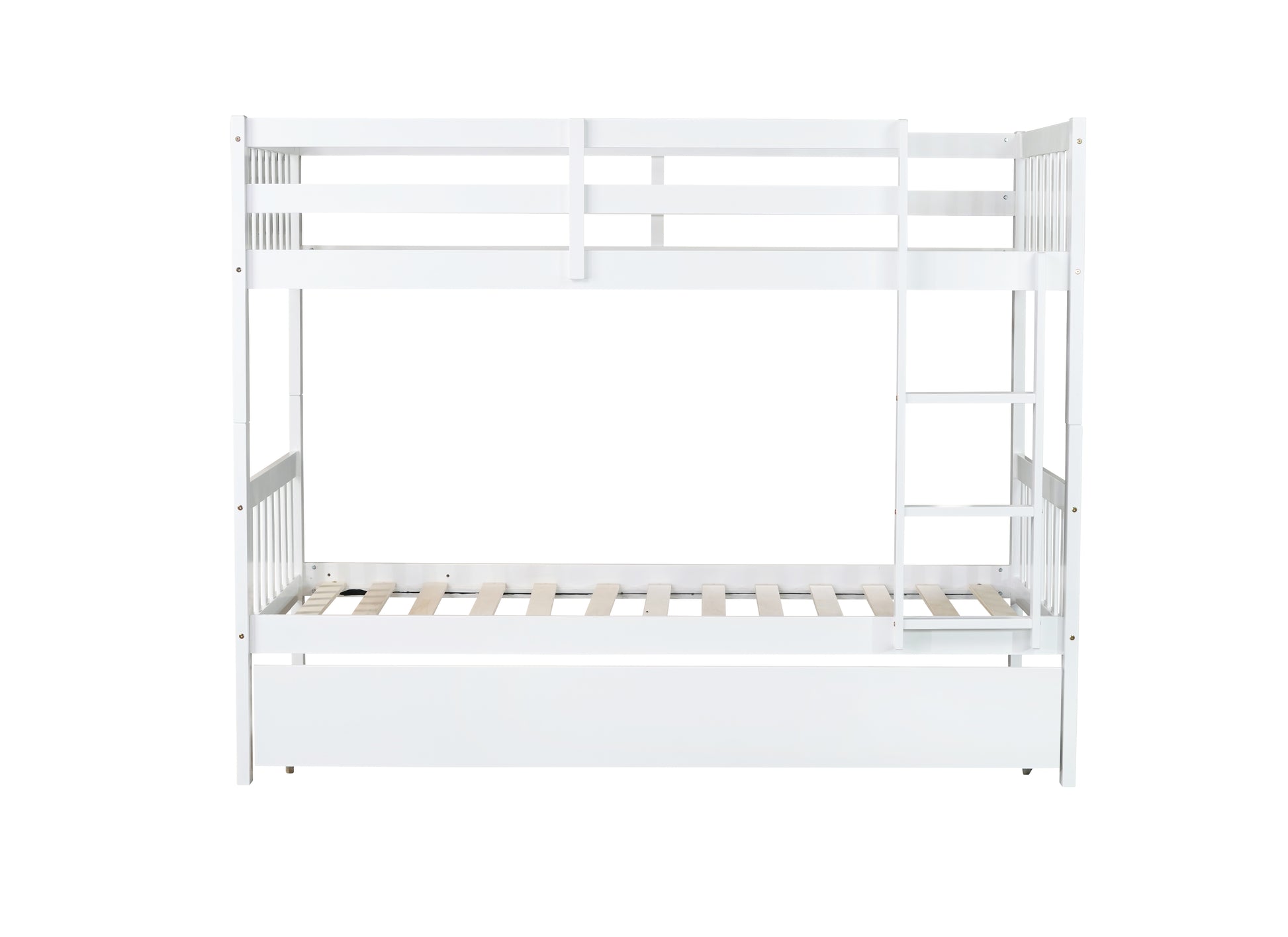 Twin Over Twin Rubber Wood Bunk Bed with Trundle, Convertible into Twin Size Beds, Twin Size Bunk Bed with Ladder and Safety Guardrails, White image 9