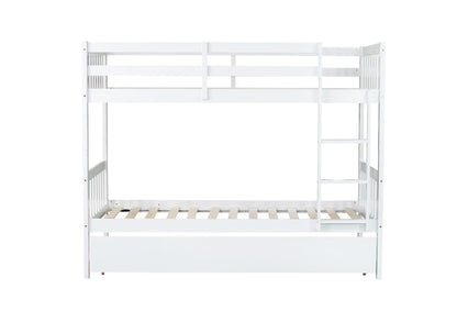 Twin Over Twin Rubber Wood Bunk Bed with Trundle, Convertible into Twin Size Beds, Twin Size Bunk Bed with Ladder and Safety Guardrails, White image 9