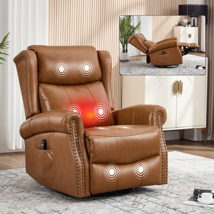 Heat Massage Manual Recliner Chair with Rocker and Swivel in Genuine leather for Living Room, Yellow image 2