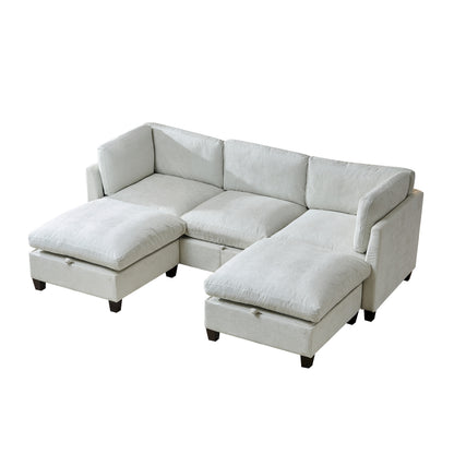 96.5" Sectional Couch for Living room, Upholstered Soft Chenille Fabric Sofa with Storage, 3-Seater with Two Ottomans U Shape Sofa Beige image 11