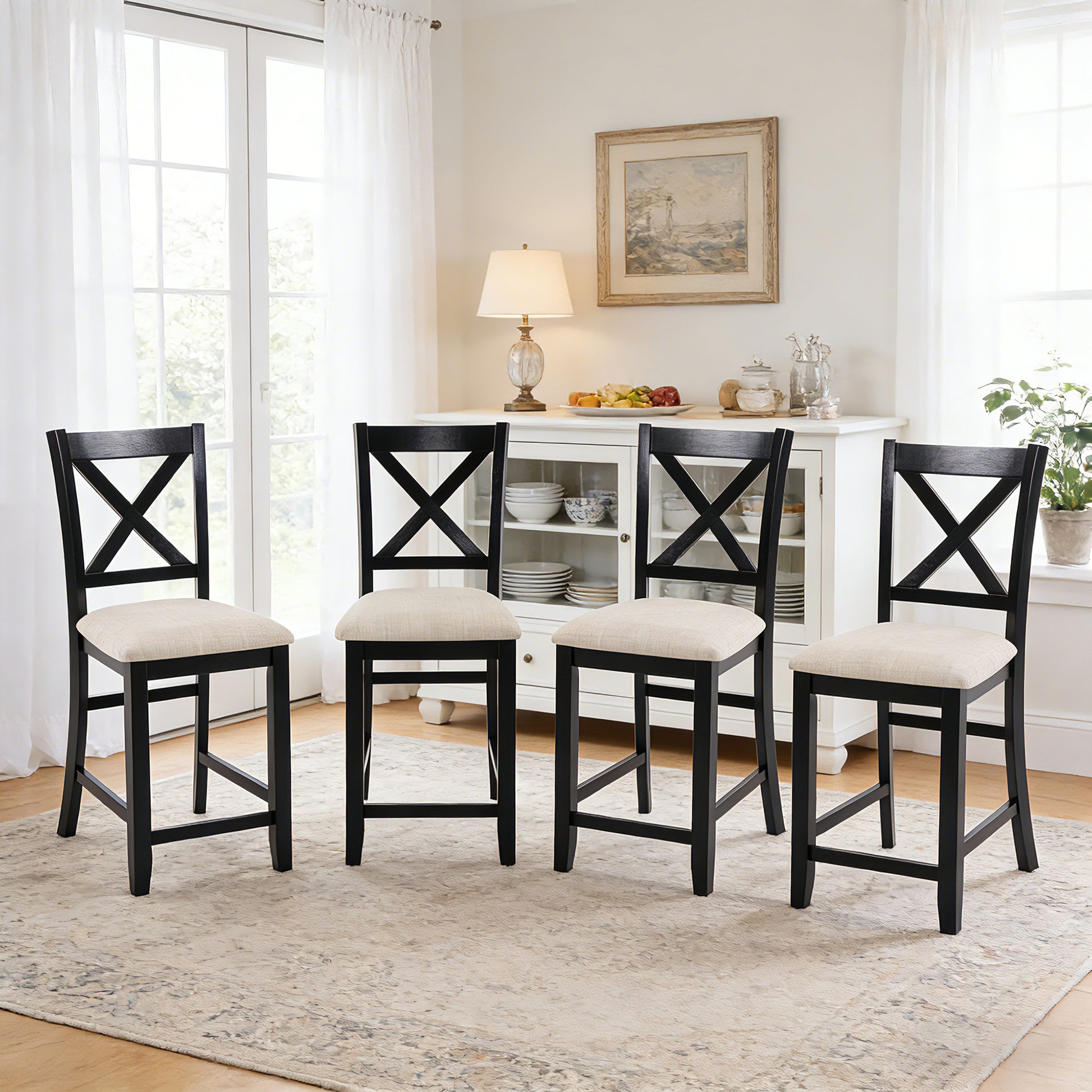 Dining Chairs Only, Wooden Counter Height Dining Chairs Set of 4, Kitchen Chair with Padded Seat, Upholstered Side Chair for Dining Room, Living Room, Kitchen, Black & Beige two tone image 1