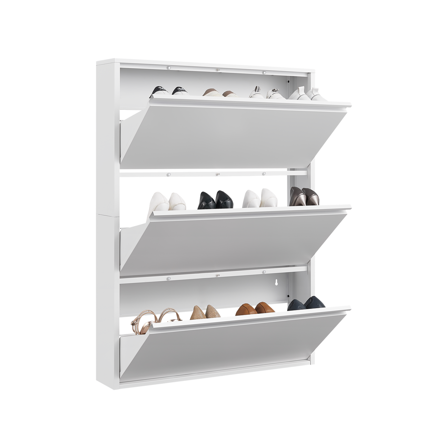 Metal Shoe Cabinet with 3 Flip Drawers, Wall Mounted Shoe Organizer, Narrow Slim Hidden Shoe Rack for Entryway,White image 11