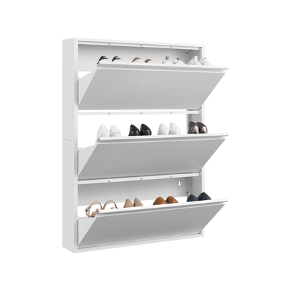 Metal Shoe Cabinet with 3 Flip Drawers, Wall Mounted Shoe Organizer, Narrow Slim Hidden Shoe Rack for Entryway,White image 11