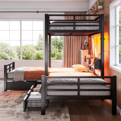 Triple Loft Bed with Storage Shelves and Drawers, Twin over Twin & Twin Loft Bed with Led Lights And Usb Ports, Space-Saving L－Shaped Loft Bed For 3, Black image 4