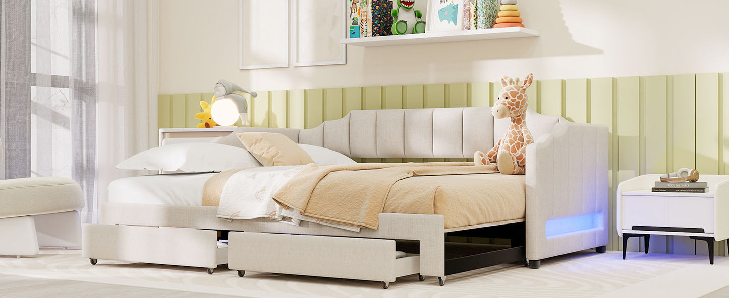 Twin XL Size Extendable Upholstered Daybed with Two Storage Drawers and LED Light,Twin XL to King Daybed,Beige image 9