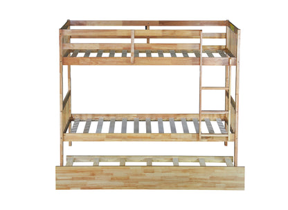 Twin Over Twin Rubber Wood Bunk Bed with Trundle, Convertible into 2 Twin Size Beds, Twin Size Bunk Bed with Ladder and Safety Guardrails,White Oak image 2