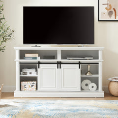 Media Console Table with Storage Cabinet, Mid Century style Entertainment TV Table, Multipurpose Sliding Door TV Cabinet  Large Storage Space, 58.11"W*15.79"D*32.36"H Antique White