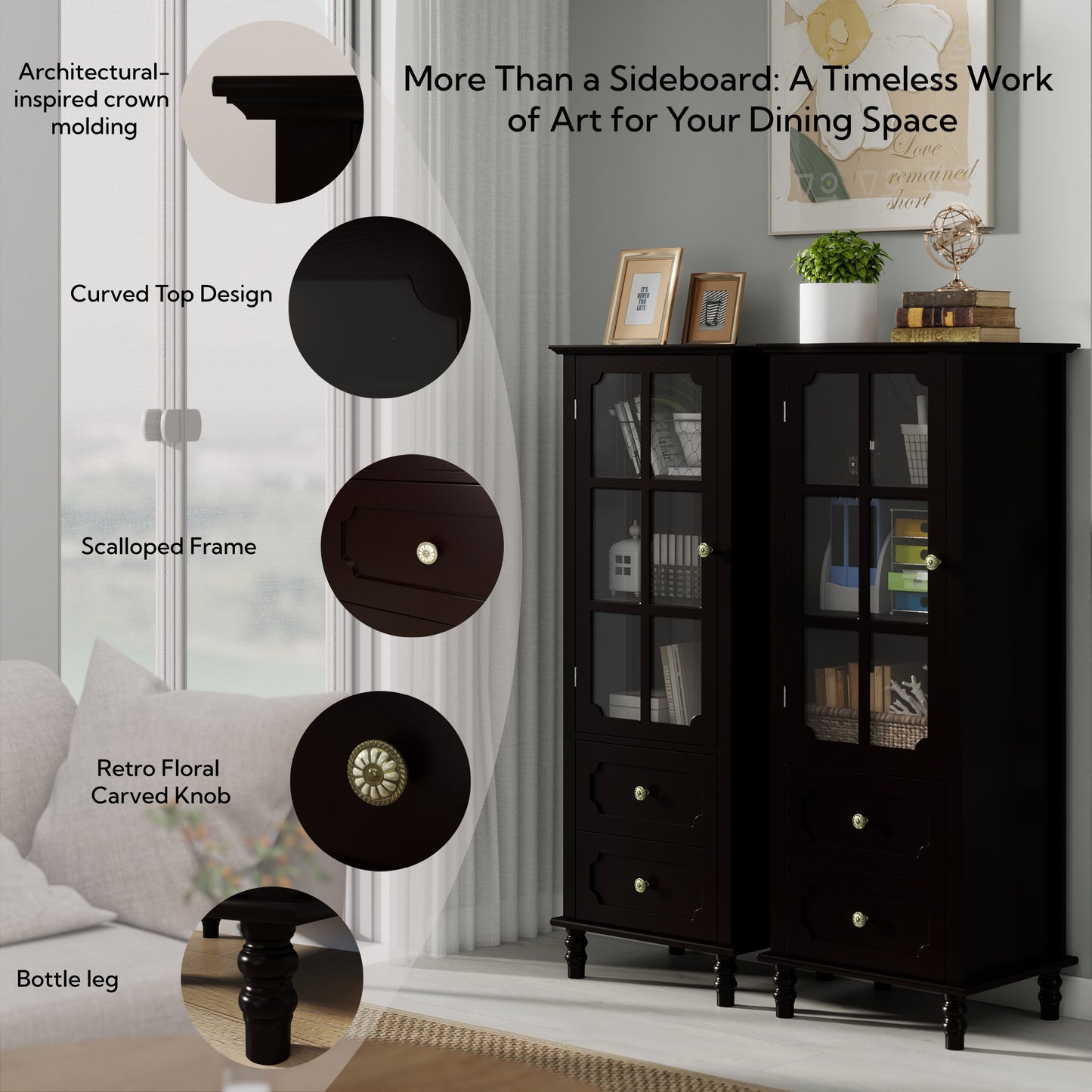 Black Tall Storage Cabinet with Glass Door & 2 Drawers, Narrow Freestanding Sideboard Buffet with Adjustable Shelves, Farmhouse Retro Pantry Cupboard for Dining Room, Living Room, Bathroom, Stud image 3