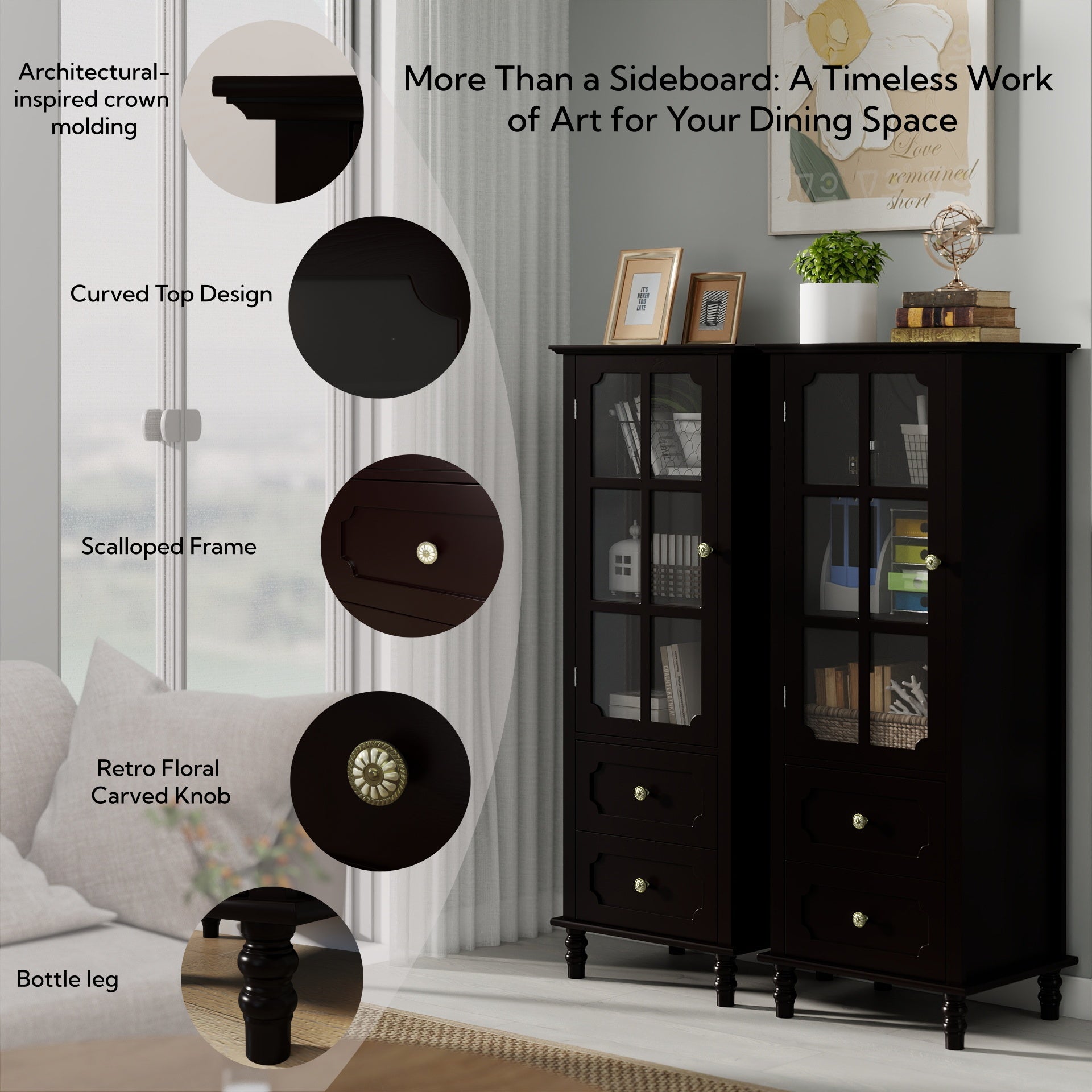 Black Tall Storage Cabinet with Glass Door & 2 Drawers, Narrow Freestanding Sideboard Buffet with Adjustable Shelves, Farmhouse Retro Pantry Cupboard for Dining Room, Living Room, Bathroom, Stud image 3