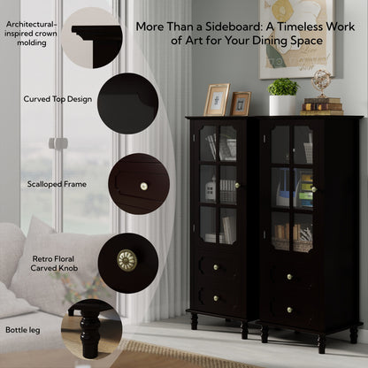 Black Tall Storage Cabinet with Glass Door & 2 Drawers, Narrow Freestanding Sideboard Buffet with Adjustable Shelves, Farmhouse Retro Pantry Cupboard for Dining Room, Living Room, Bathroom, Stud image 3