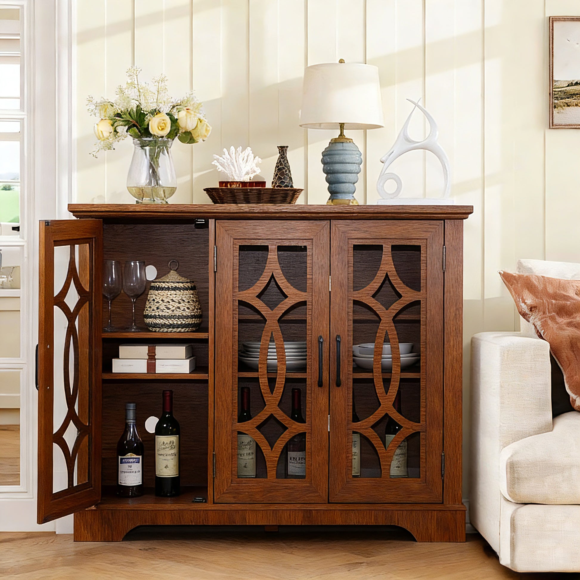 48.66" x 15.55" x 34.06" Spacious size sideboard 3 clear tempered glass doors buffet with adjustable shelf, MDF with dark OAK decorative laminates storage cabinet for dinning room, kitchen,living room image 3