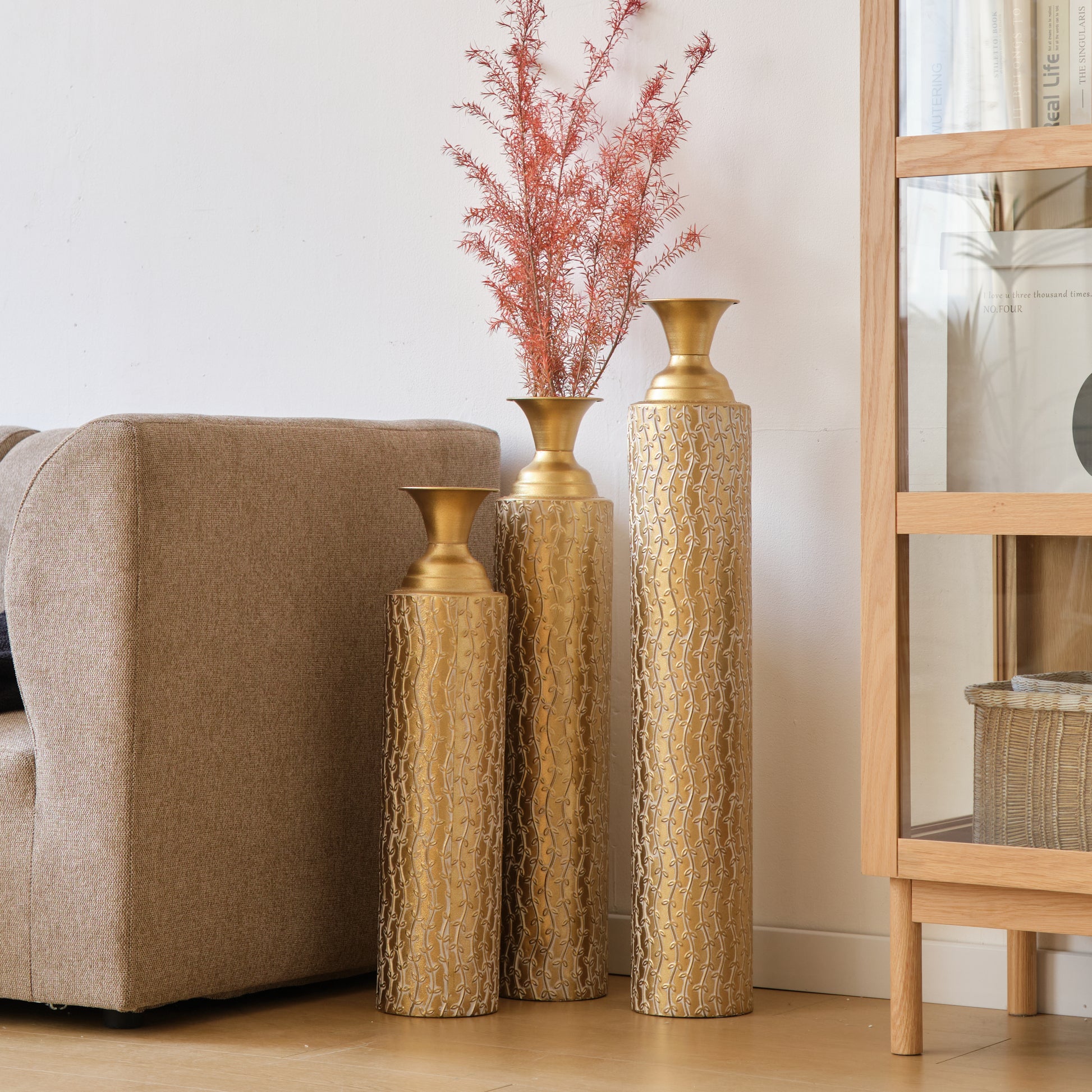 Metal decorative vases High distress metal center vases with growing vine patterns, set of 3 vases for home decoration 34 ", 29 ", 25 "H, gold image 9
