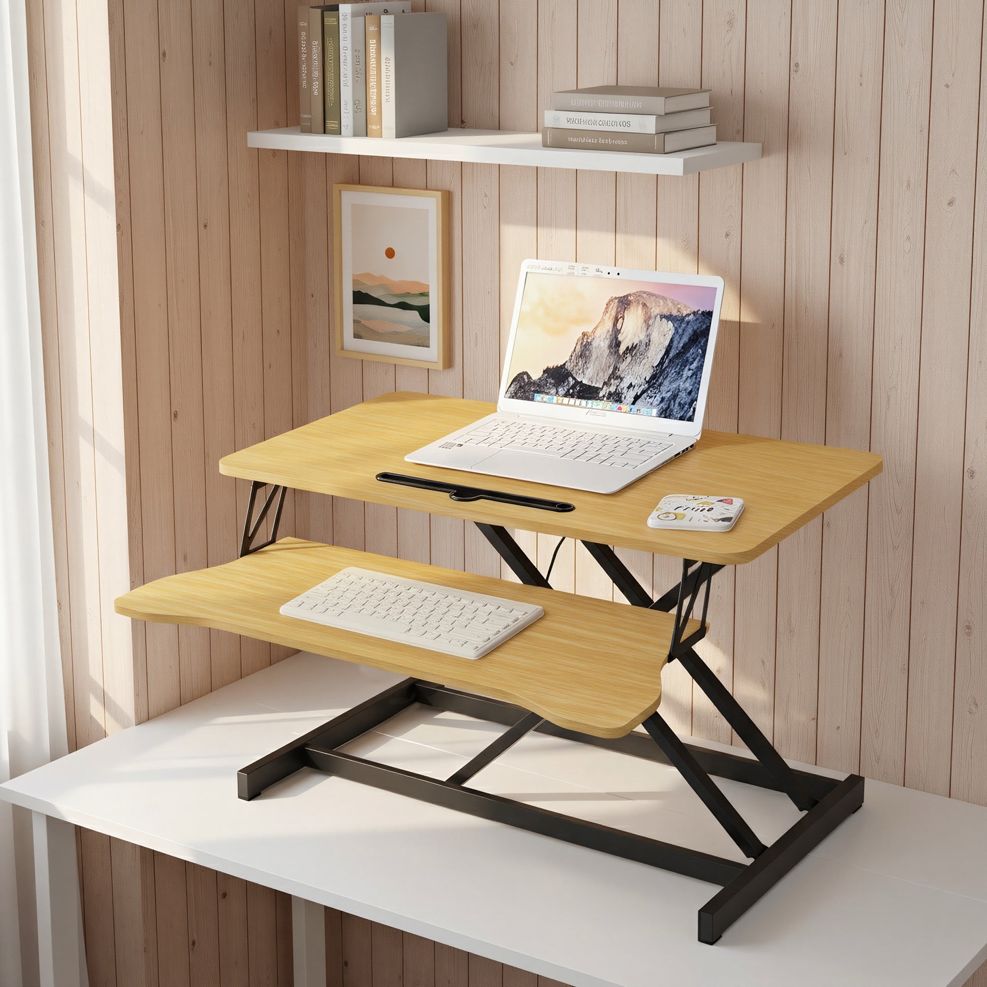 32 Inch Desk Converter, Height Adjustable Sit to Stand Riser, Dual Monitor and Laptop Workstation with Wide Keyboard Tray, Standing Computer Desk, Natural Color image 1