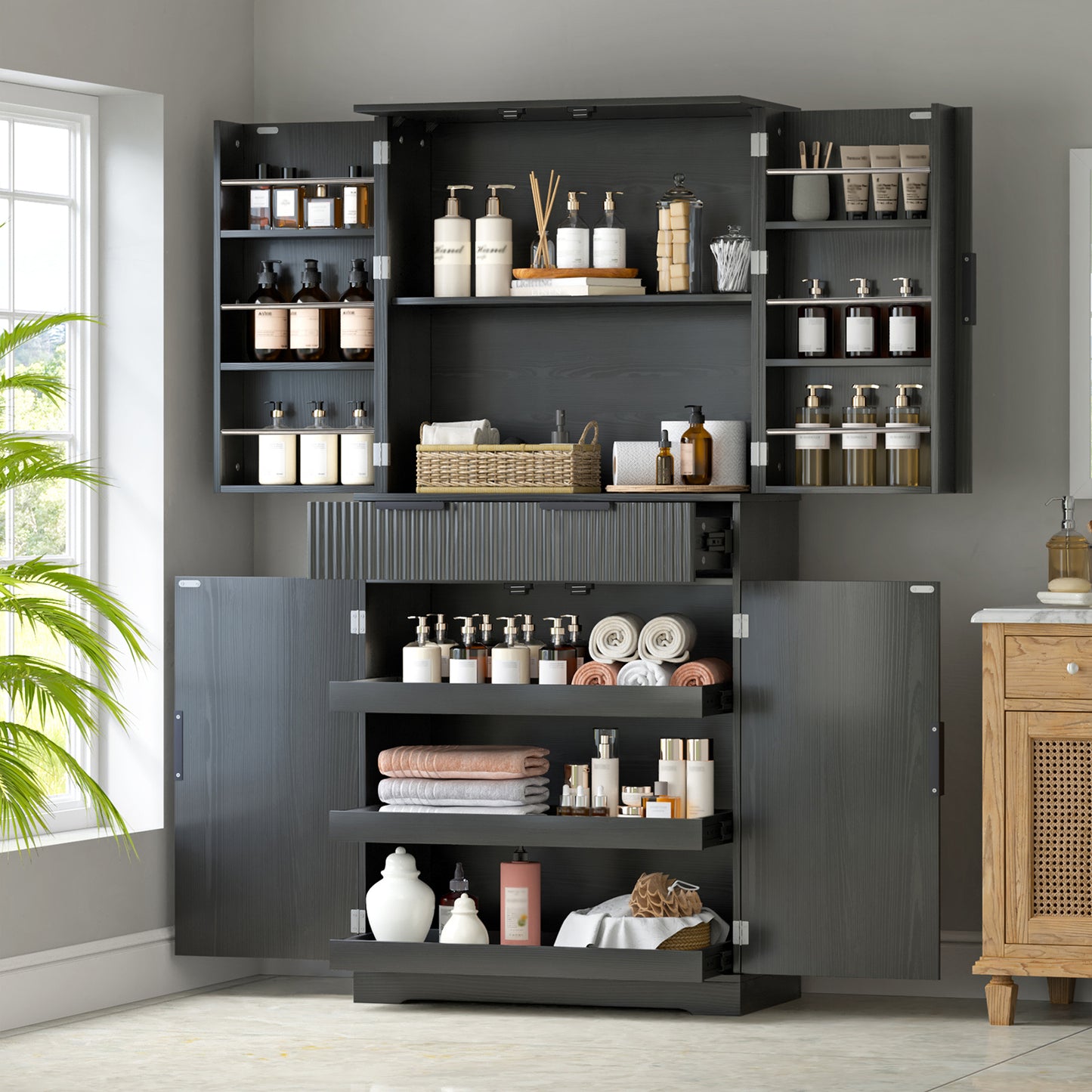 72" Fluted Kitchen Pantry Cabinet with 3 Keyboard Drawers & 6 Door Shelves Adjustable, Freestanding Cupboard Storage Cabinet for for Bathroom Dining Room, Office, Entryway, Black image 2