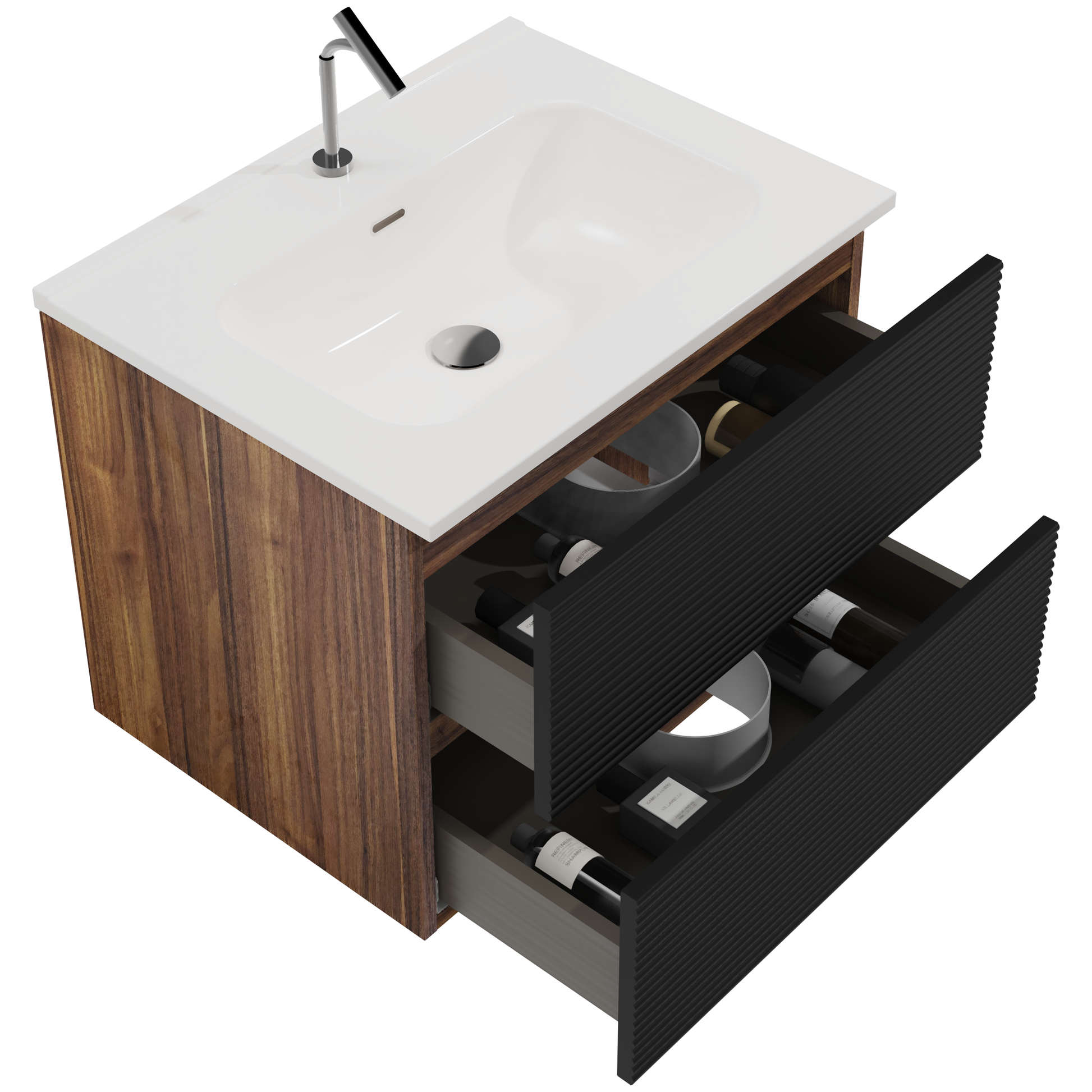 Gloria 24" Wall Mounted Soft Black & Walnut Bathroom Vanity with Integrated Ceramic Sink with Overflow, Large Storage Floating Bathroom Vanity for Modern Bathroom, KD image 7